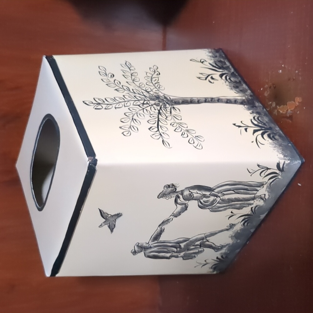 Vintage French Toile Metal Tissue Box Cover Quimper Style Black Cream MCM